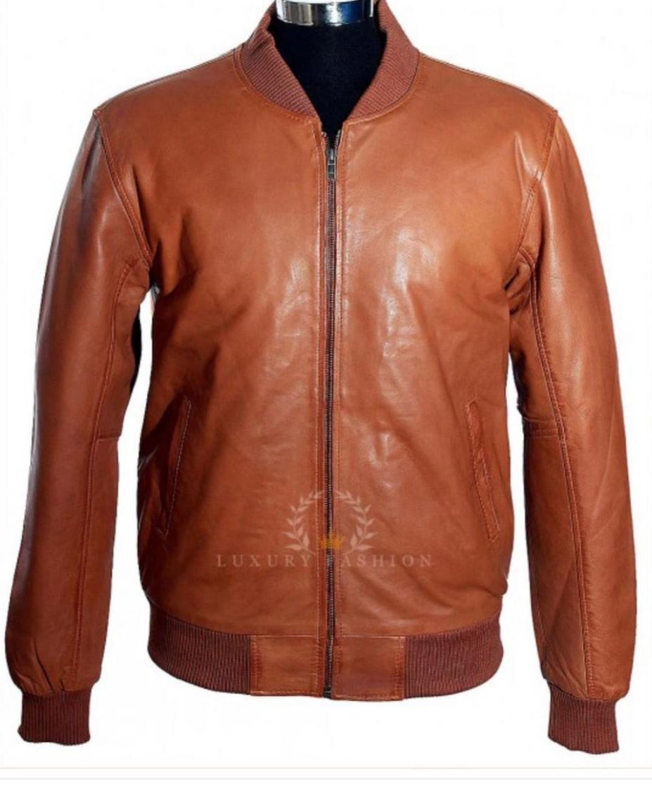 Cognac Rib-Trim Bomber Jacket