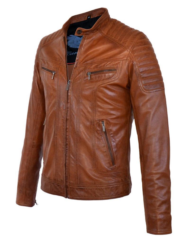 Cognac Quilted-Shoulder Cafe Racer Jacket